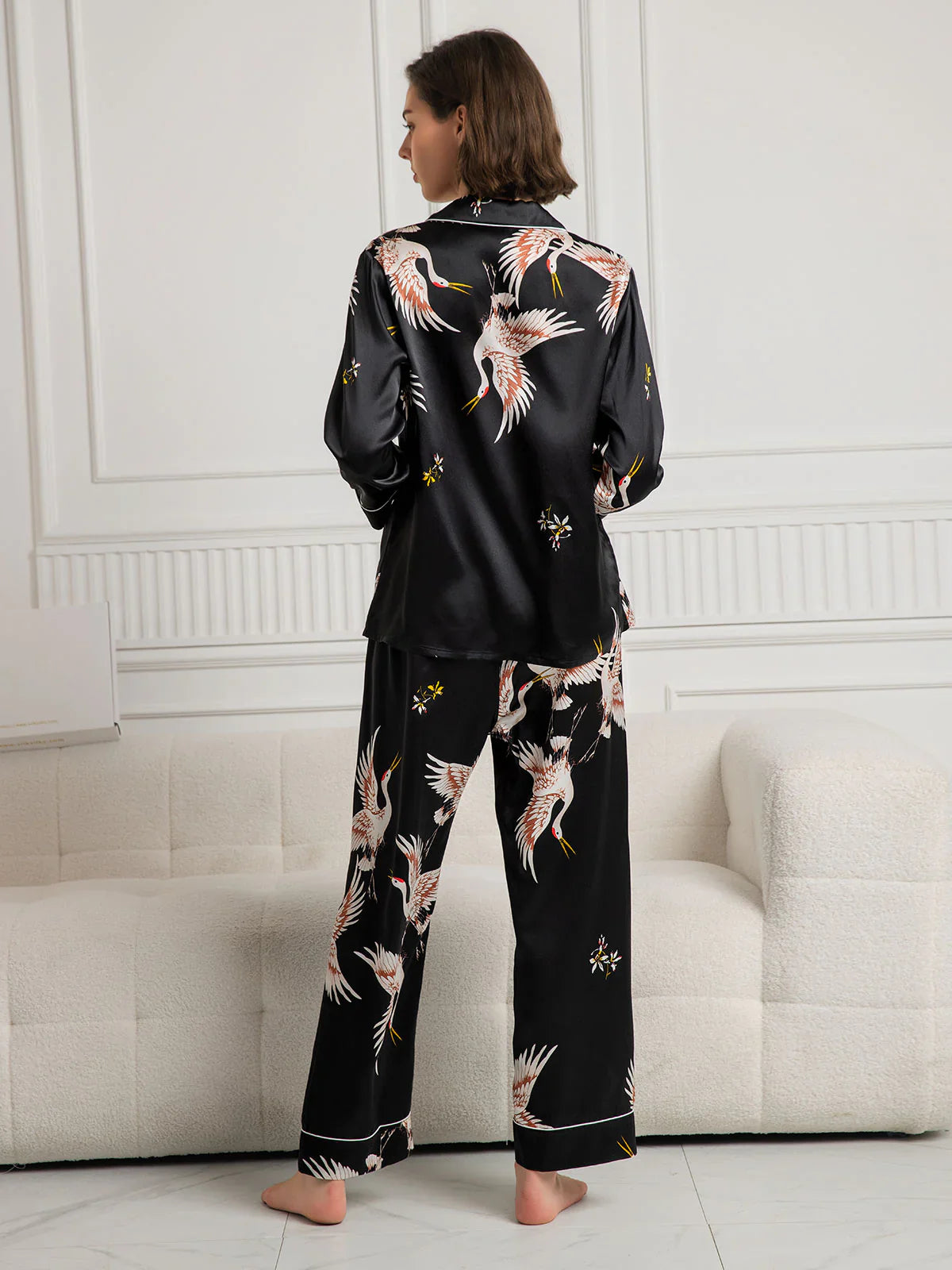 19Momme Pure Silk Printed Classic Binding Trim Womens Pajama set