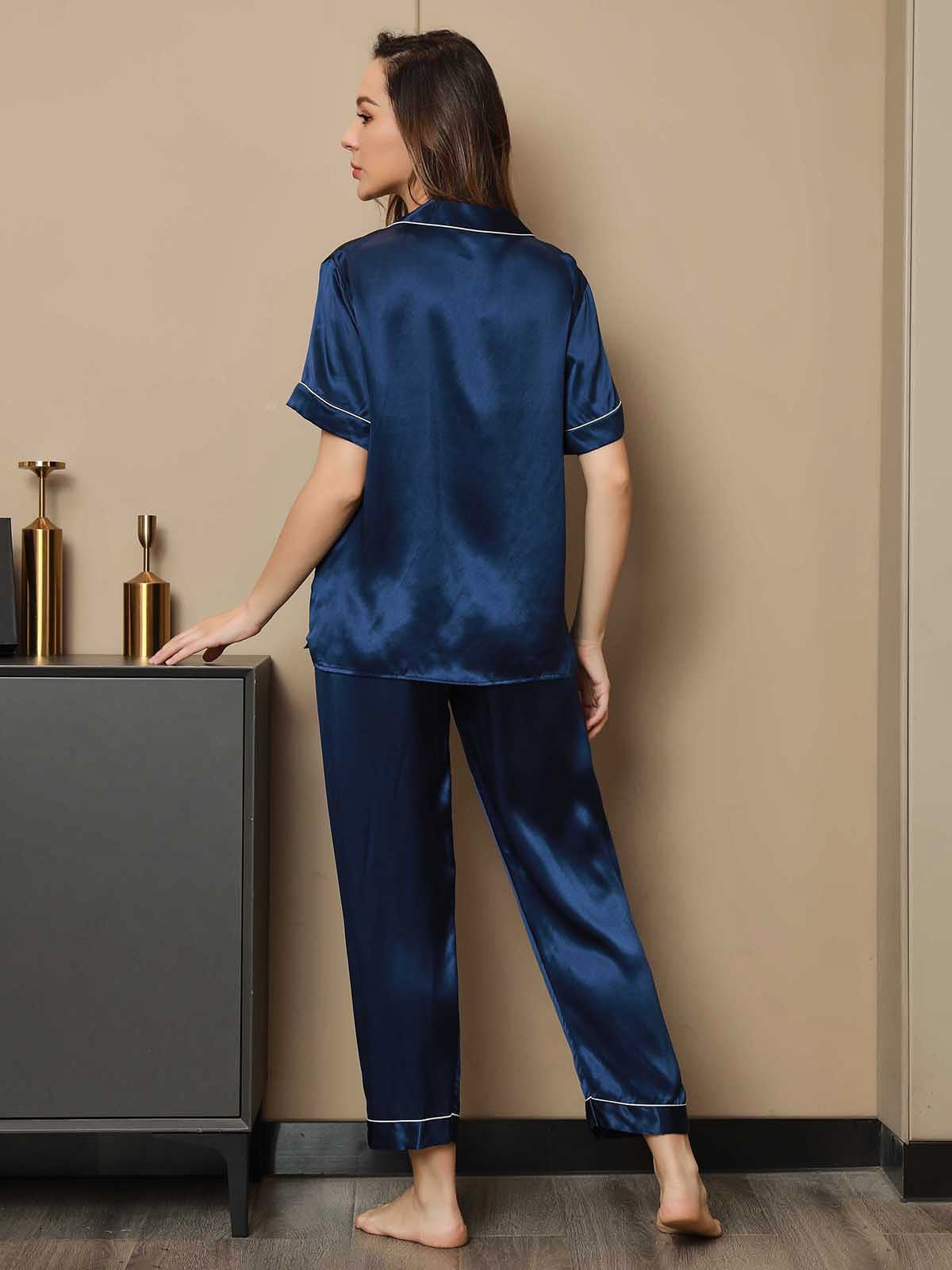 Luxurious 100% Mulberry Silk Women's Short Sleeve Pajama Set with Lapel Collar