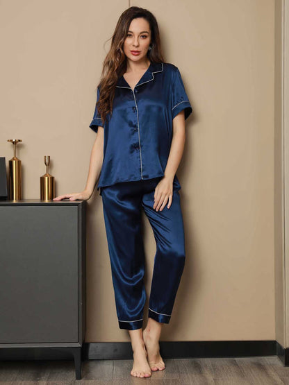 Luxurious 100% Mulberry Silk Women's Short Sleeve Pajama Set with Lapel Collar