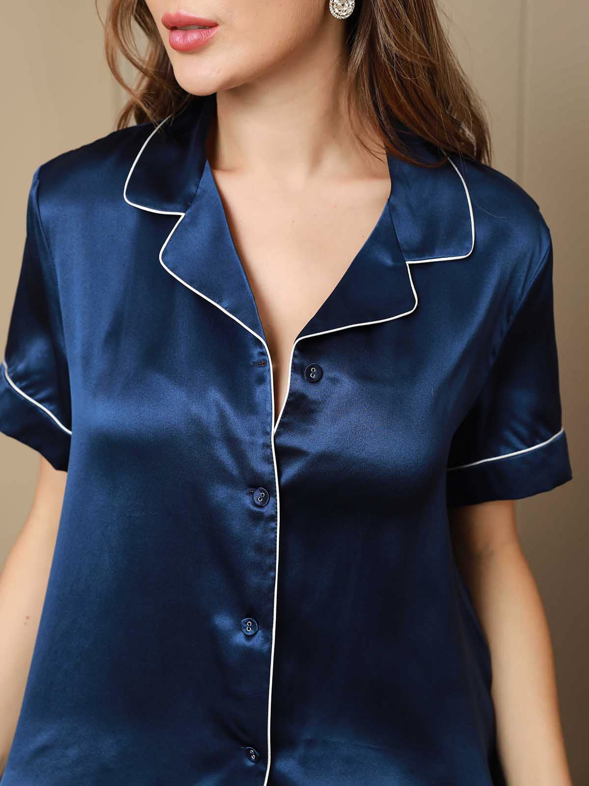 Luxurious 100% Mulberry Silk Women's Short Sleeve Pajama Set with Lapel Collar
