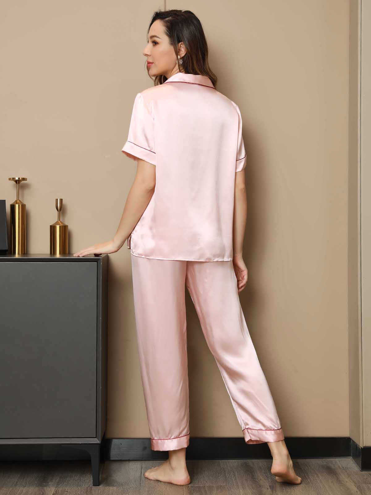 Luxurious 100% Mulberry Silk Women's Short Sleeve Pajama Set with Lapel Collar