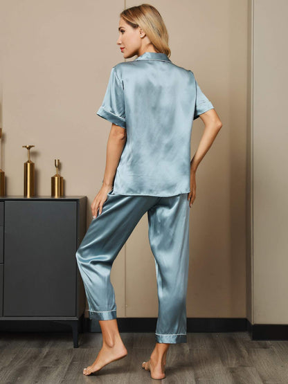 Luxurious 100% Mulberry Silk Women's Short Sleeve Pajama Set with Lapel Collar