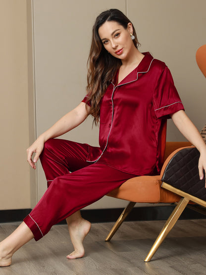 Luxurious 100% Mulberry Silk Women's Short Sleeve Pajama Set with Lapel Collar